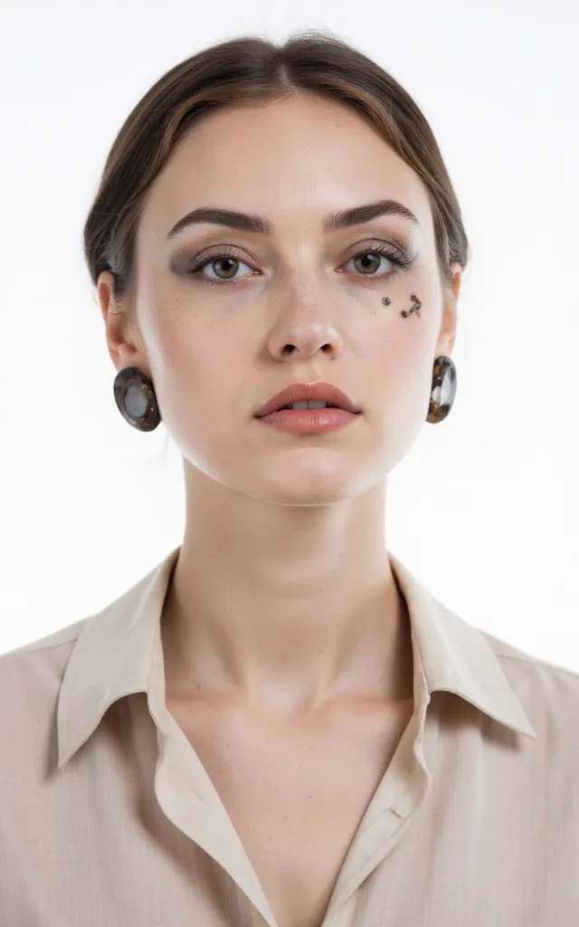A French female model with a Steampunk makeup style, wearing a shirt, against a white background, in a front   facing bust portrait